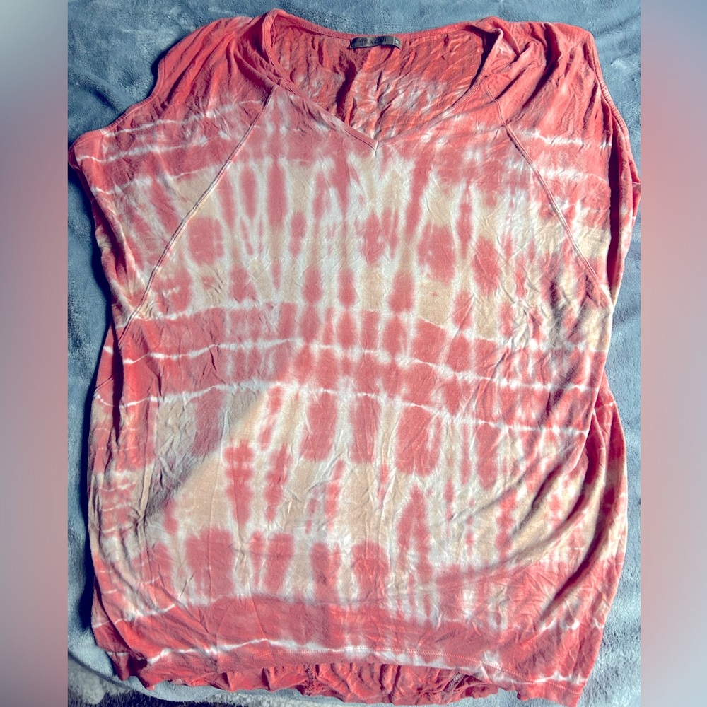 Salmon Tie Dye Silk Rayon Mix Stretch Cover up V Neck Mesh Back High Low Hem M L